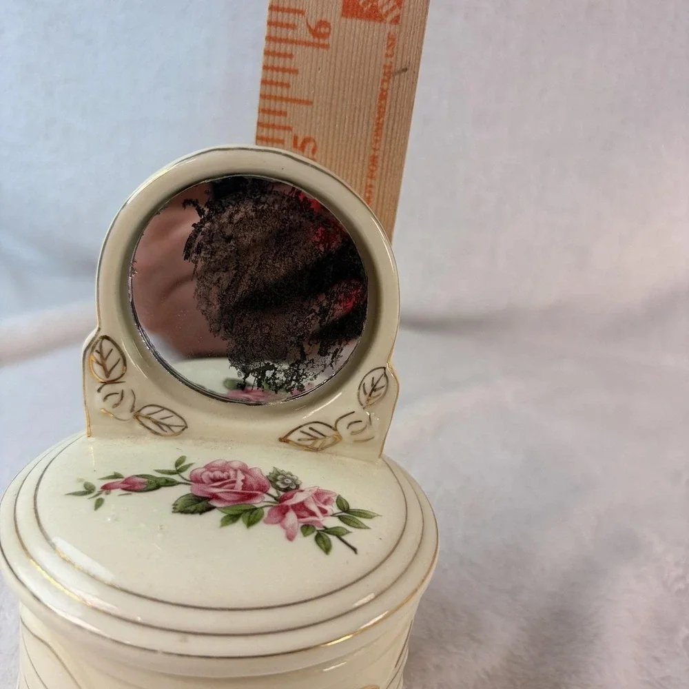 Vtg Porcelain Jewelry Trinket Box Floral Roses‎ Dresser Real Round Mirror Vanity